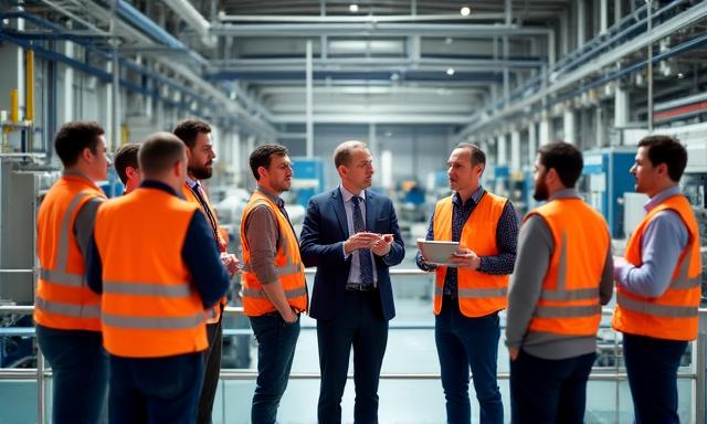 Industrial team meeting in a modern factory setting