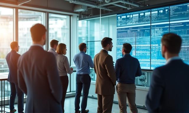 Software developers collaborating on digital interfaces